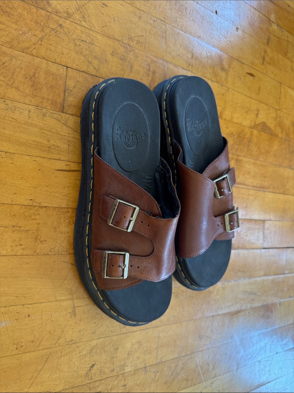 Dr. Martens Brown Leather Double Buckle Slide Sandals for Men